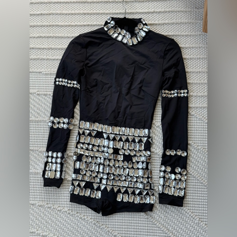 Long Sleeve Rhinestone Bandage Romper - Small